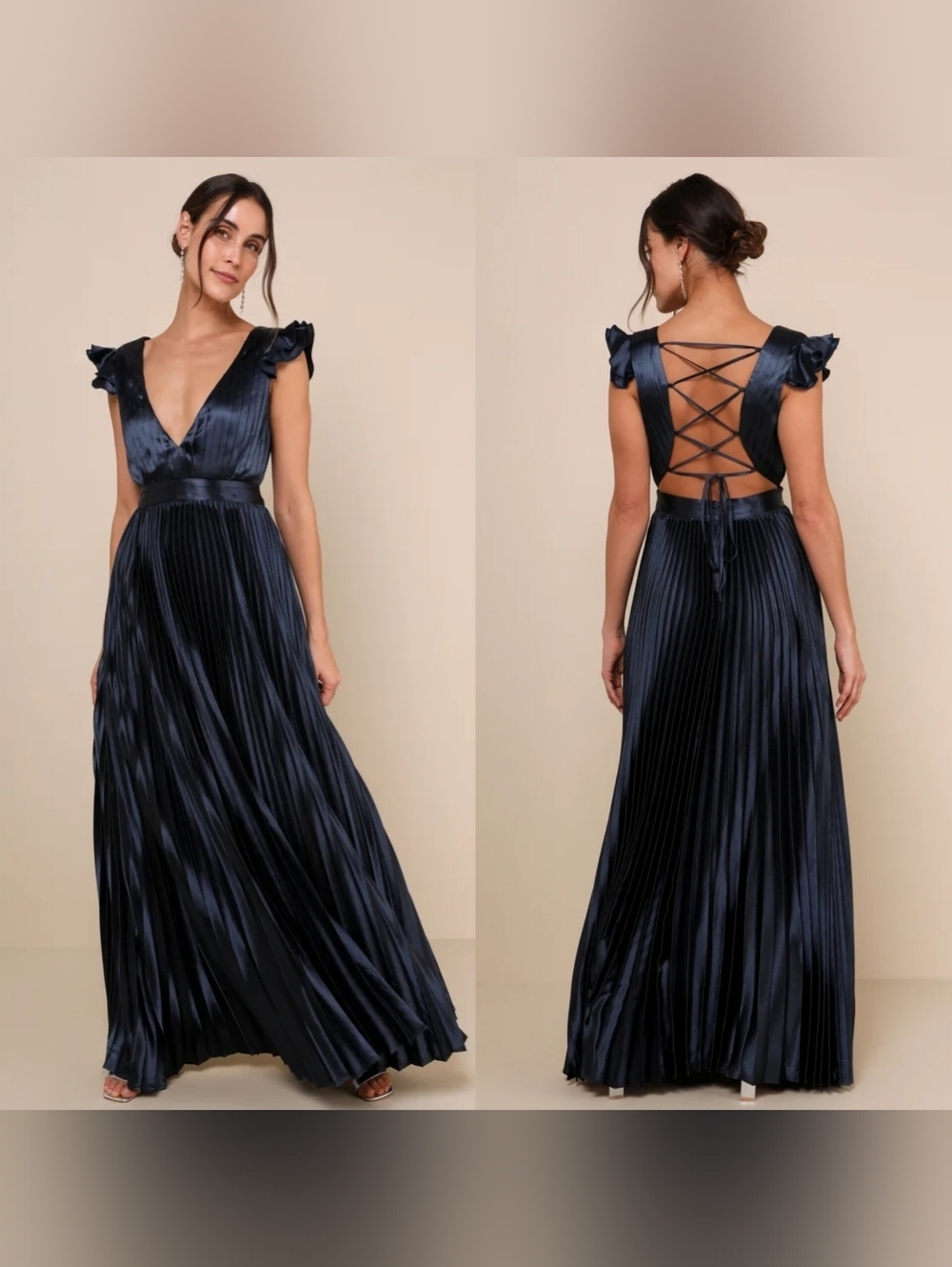 Lulus Exceptional Drama Navy Blue Satin Lace-Up Pleated Maxi Dress S Wedding - Picture 1 of 10